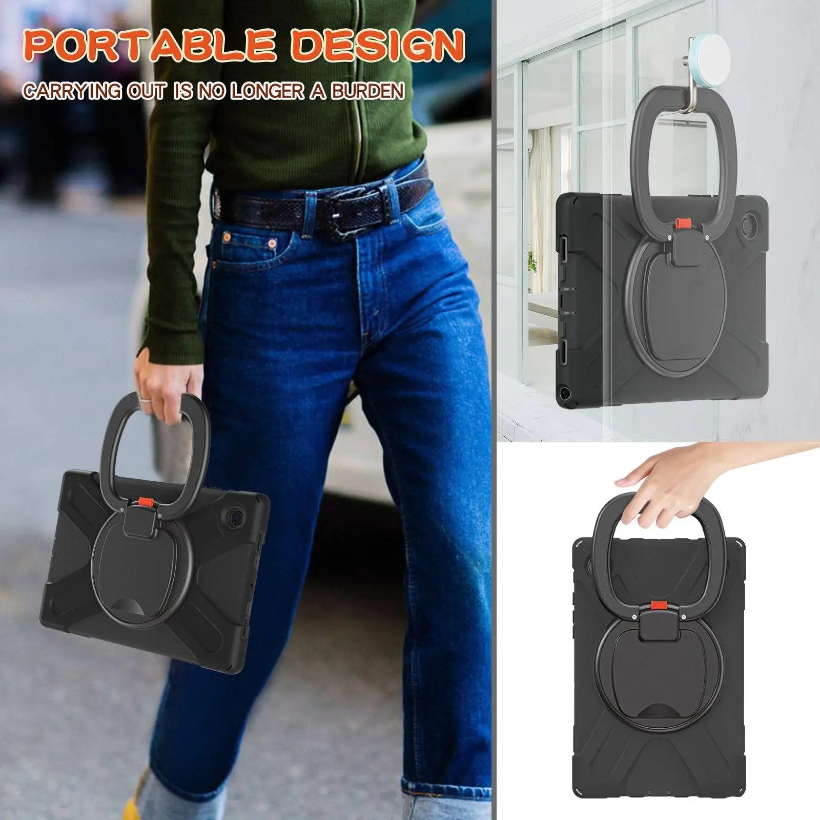 Portable Samsung Tablet A8 X200 Protective Case with a sturdy handle, designed for easy carrying and hanging, making it ideal for travel and kids.